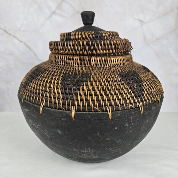 Wood and Rattan Vessel with Removable Lid Brown & Black Handmade in Indonesia - Picture 3 of 11